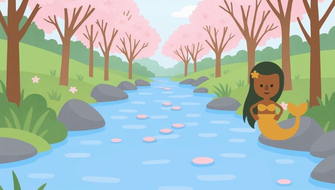 Ilustração da Iara, mulher encantada dos rios do folclore brasileiro, sentada em uma pedra à beira de um rio cercado por árvores floridas