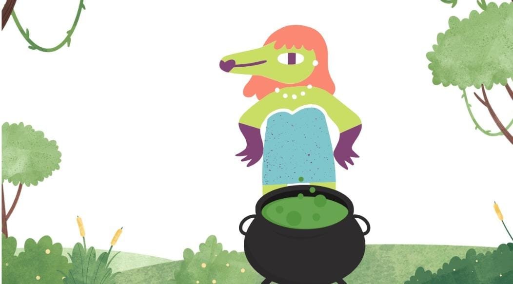 Ilustração da Cuca, personagem do folclore brasileiro com corpo de bruxa e cabeça de jacaré, mexendo um caldeirão na floresta