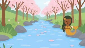 Ilustração da Iara, mulher encantada dos rios do folclore brasileiro, sentada em uma pedra à beira de um rio cercado por árvores floridas