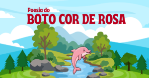 Ilustração do Boto Cor-de-Rosa pulando em rio na floresta, capa da poesia de folclore brasileiro para imprimir