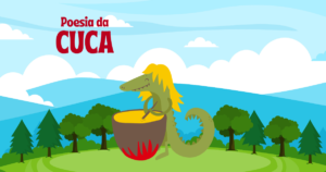 Ilustração da Cuca mexendo caldeirão sobre fogo em cenário de floresta, capa da poesia de folclore brasileiro para imprimir