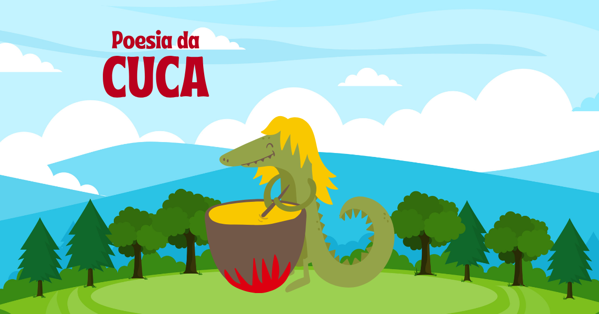 Ilustração da Cuca mexendo caldeirão sobre fogo em cenário de floresta, capa da poesia de folclore brasileiro para imprimir
