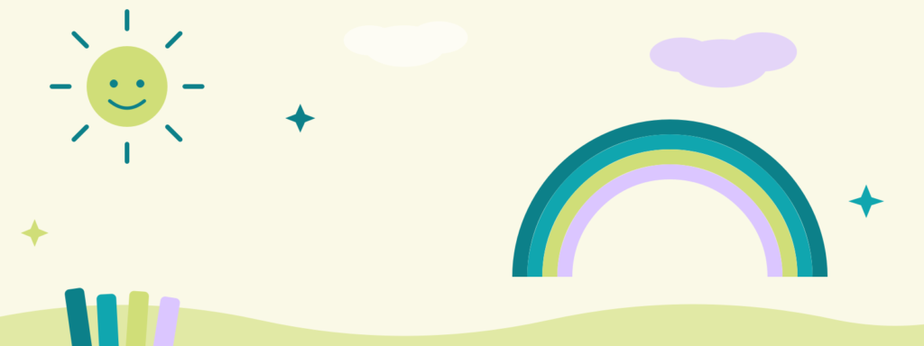 "Sol, arco-íris e livros coloridos representando o universo infantil do blog".