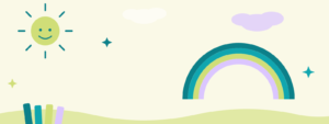 "Sol, arco-íris e livros coloridos representando o universo infantil do blog".