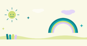 Ilustração colorida com sol sorridente, arco-íris e livros representando o universo infantil do blog Arte Mundo Desenho