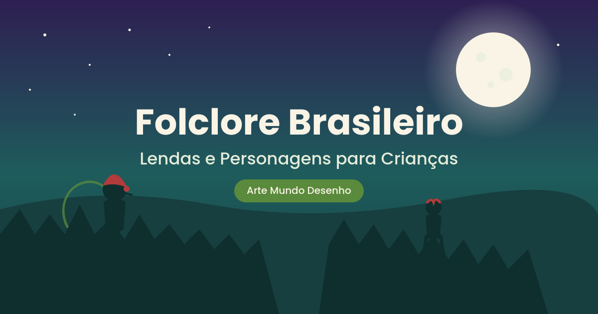 Ilustração de floresta à noite com o Saci-Pererê e o Curupira, representando o folclore brasileiro