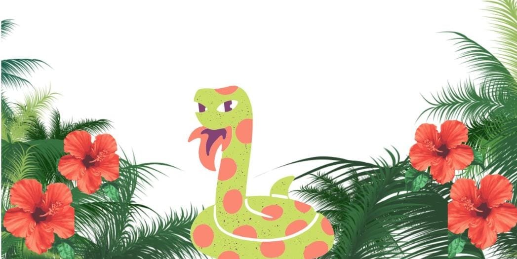 lustração do Boitatá, cobra de fogo do folclore brasileiro, entre flores e vegetação tropical
