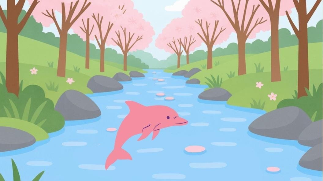 Ilustração do Boto Cor-de-Rosa saltando em um rio cercado por árvores floridas, personagem do folclore brasileiro