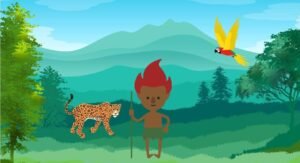 Ilustração do Curupira na floresta, com cabelos de fogo, ao lado de uma onça-pintada e uma arara, com montanhas ao fundo