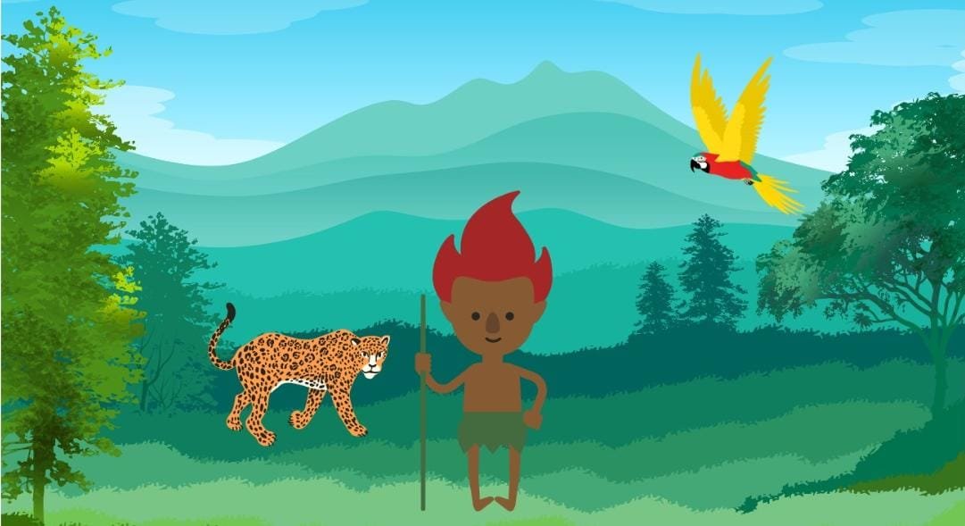 Ilustração do Curupira na floresta, com cabelos de fogo, ao lado de uma onça-pintada e uma arara, com montanhas ao fundo