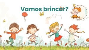 Ilustração colorida de quatro crianças felizes pulando e brincando em um campo com borboletas e balão, com o título "Vamos brincar?"