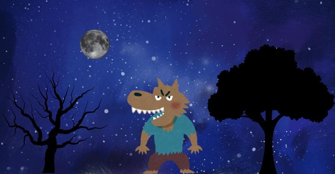 Ilustração do Lobisomem em uma noite de lua cheia, representando a lenda do folclore brasileiro