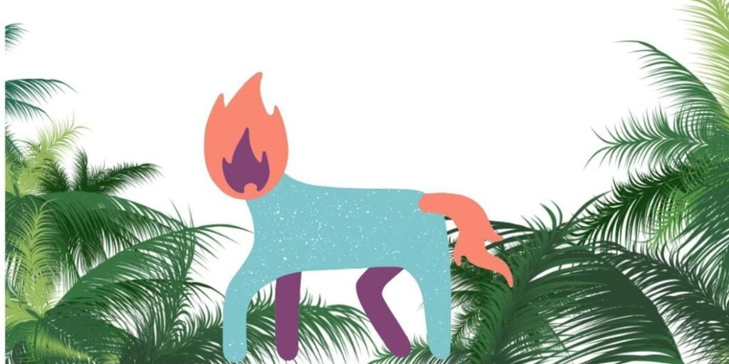Ilustração da Mula sem Cabeça, lenda do folclore brasileiro, com fogo saindo do pescoço, em meio à vegetação