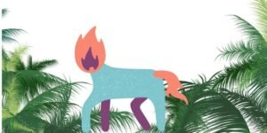 Ilustração da Mula sem Cabeça, lenda do folclore brasileiro, com fogo saindo do pescoço, em meio à vegetação