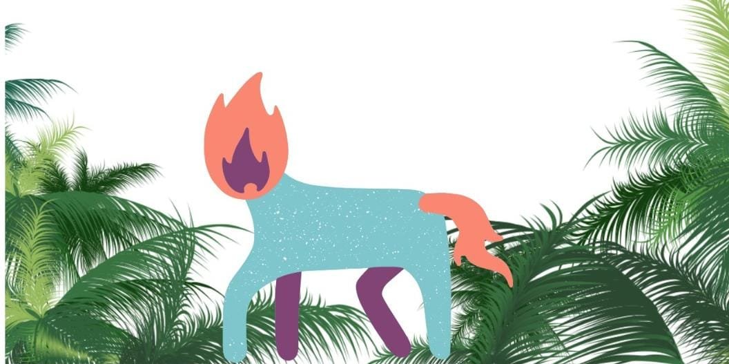 Ilustração da Mula sem Cabeça, lenda do folclore brasileiro, com fogo saindo do pescoço, em meio à vegetação