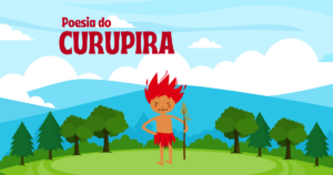 Ilustração do Curupira, personagem do folclore brasileiro, com cabelo de fogo e lança na mão, em pé numa clareira com árvores e céu azul ao fundo - poesia do folclore para crianças