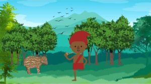 Ilustração do Saci-Pererê com gorro vermelho na floresta, ao lado de uma anta, com montanhas ao fundo
