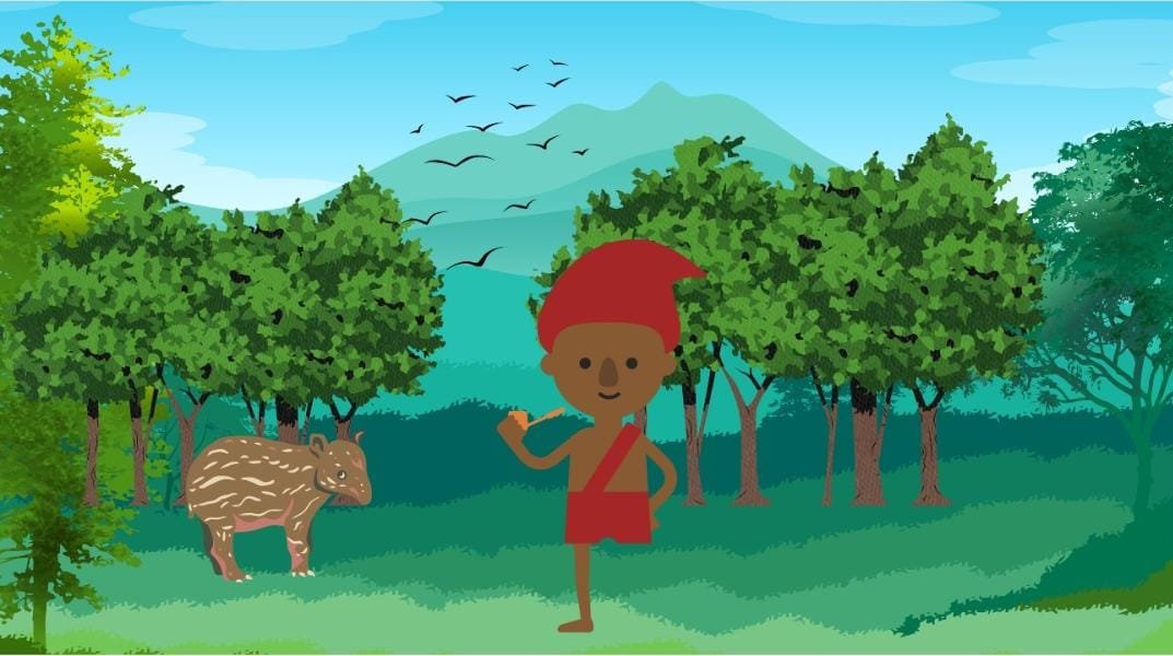 Ilustração do Saci-Pererê pulando numa perna só, com gorro vermelho, cachimbo e redemoinho ao fundo