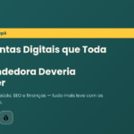 Ferramentas digitais para mãe empreendedora - ícones de notebook, checklist, gráfico de SEO e finanças em fundo teal