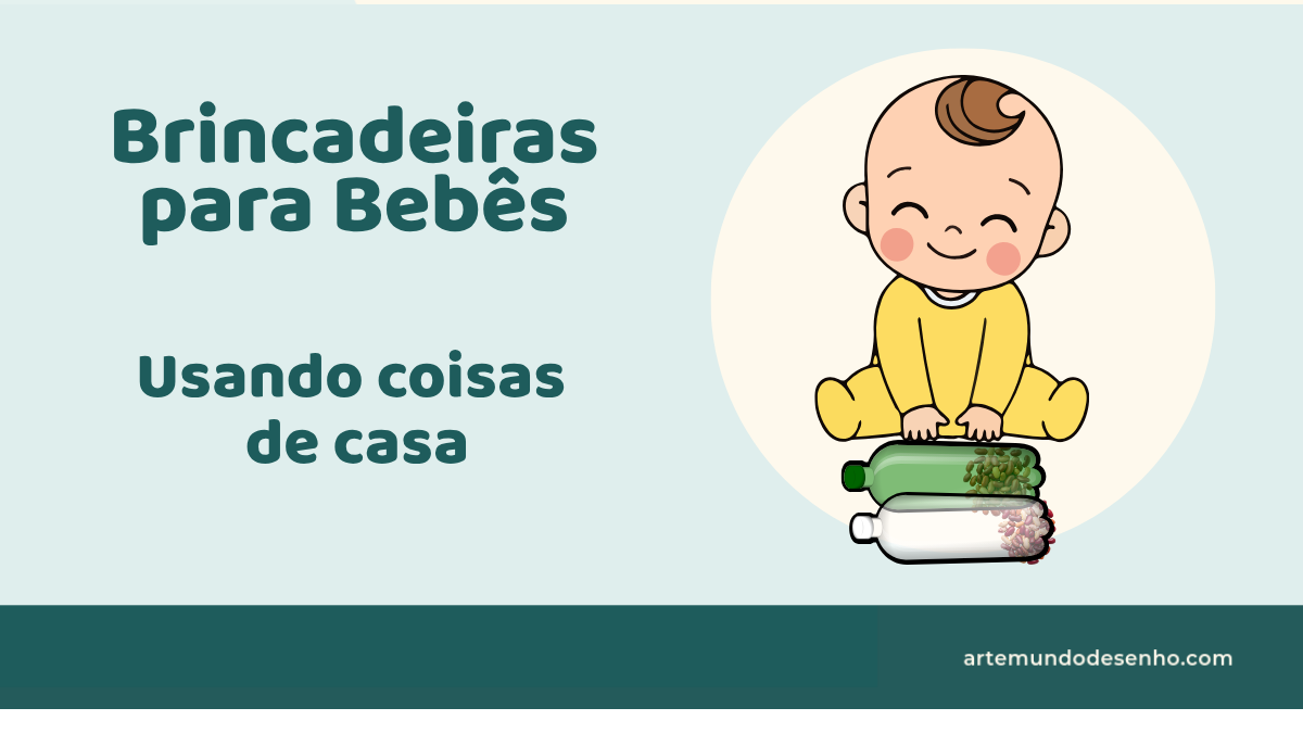Bebê brincando com garrafas sensoriais feitas com grãos, ilustração sobre brincadeiras para bebês sem brinquedos