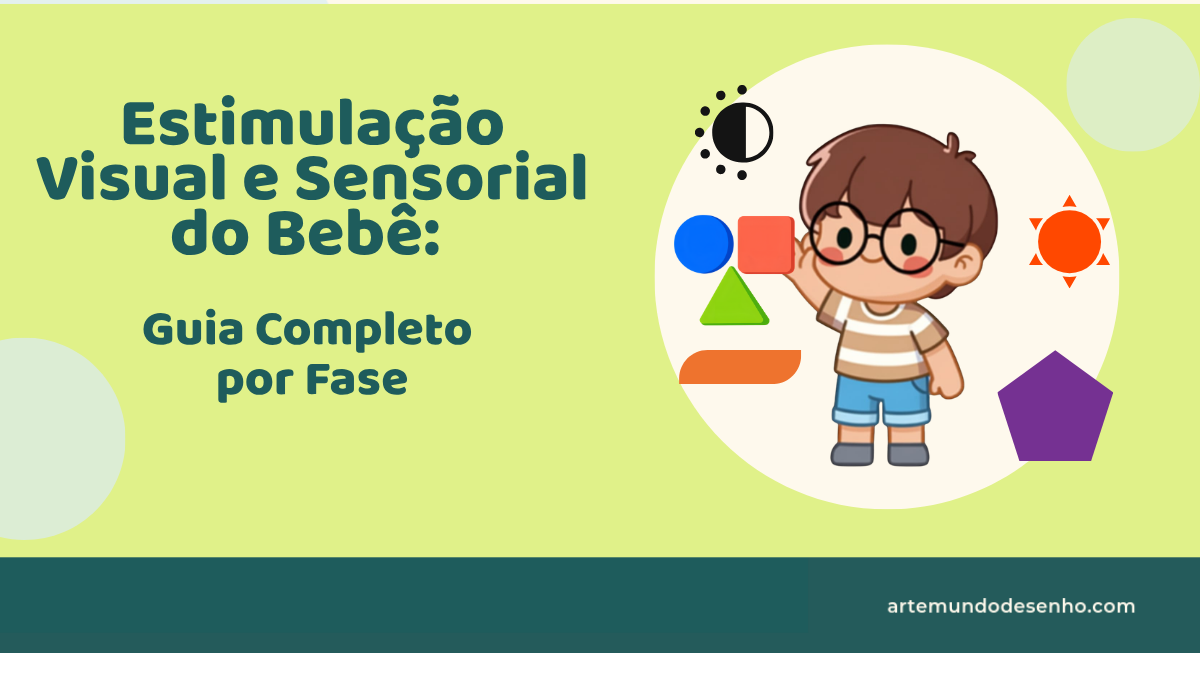 Ilustração do Pepê rodeado de cores e formas de alto contraste, sobre estimulação visual e sensorial do bebê