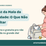 Ilustração de mulher grávida arrumando a mala da maternidade com itens de bebê, banner do checklist da mala da maternidade