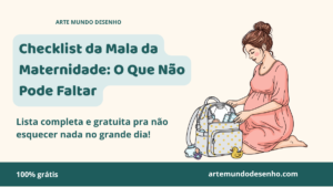 Ilustração de mulher grávida arrumando a mala da maternidade com itens de bebê, banner do checklist da mala da maternidade