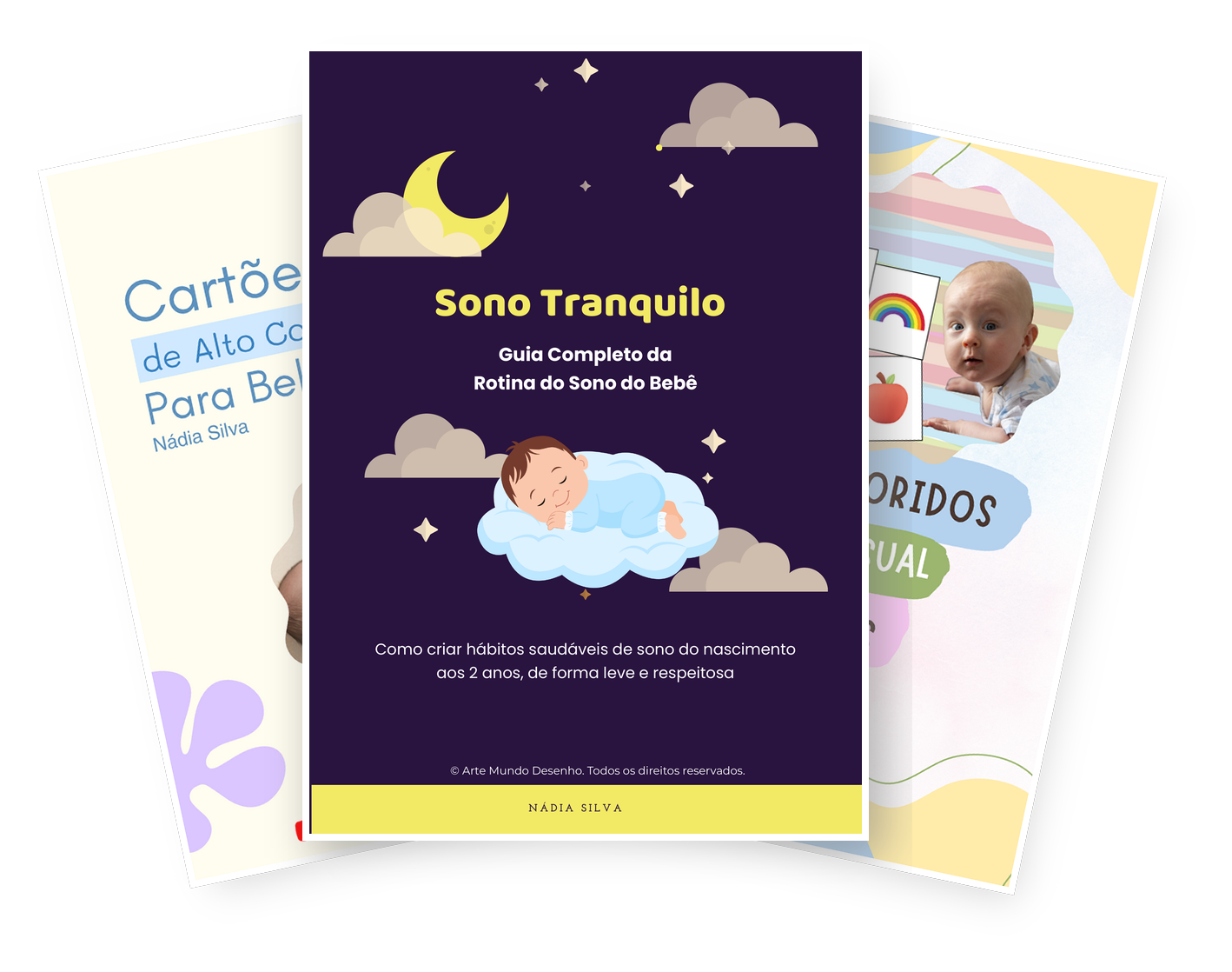 Mockup de três ebooks Arte Mundo Desenho: Sono Tranquilo, Cartões de Alto Contraste e Cartões Coloridos de Estímulo Visual para bebês