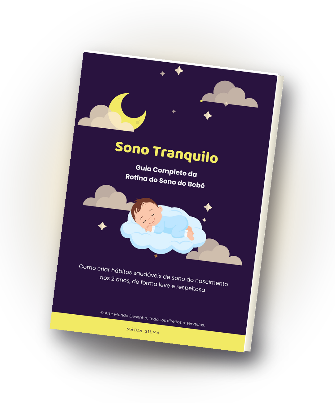Capa do ebook Sono Tranquilo: guia completo da rotina de sono do bebê, com ilustração de bebê dormindo sobre nuvem e lua - Arte Mundo Desenho