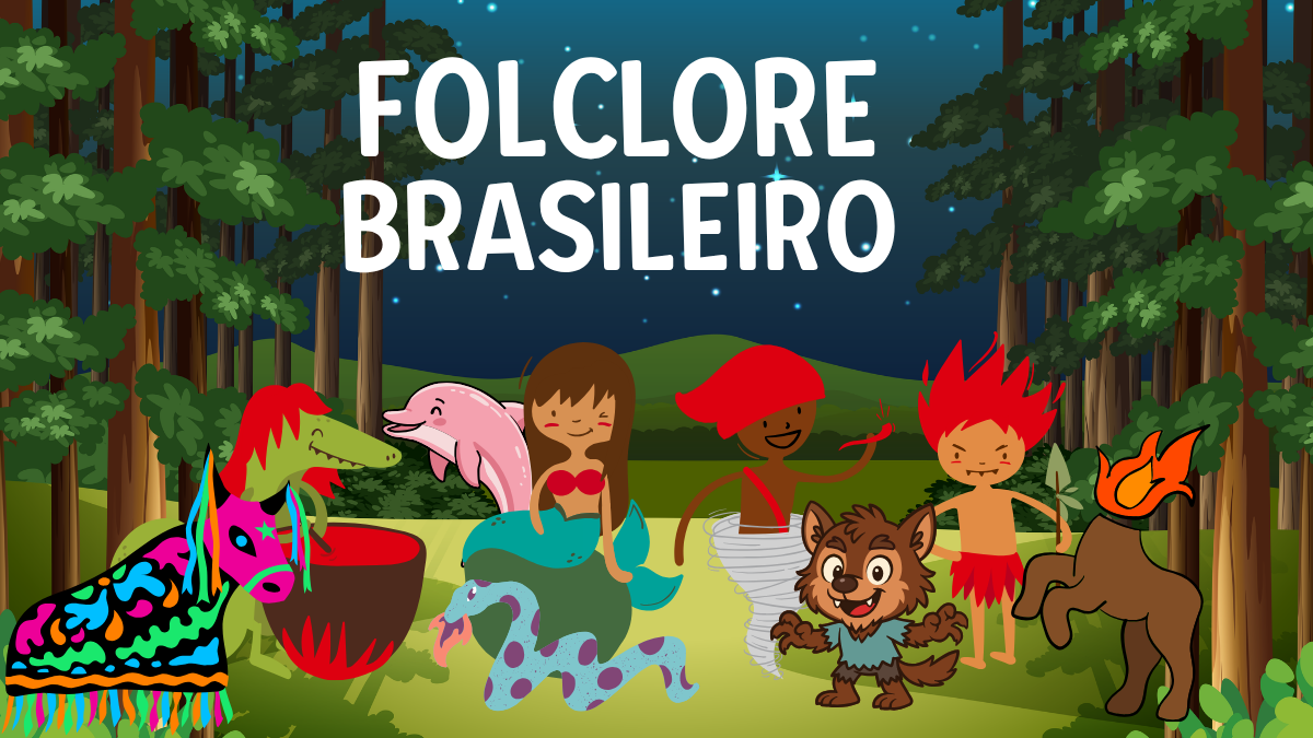 Ilustração dos personagens do folclore brasileiro reunidos em uma floresta à noite: Iara, Boto Cor-de-Rosa, Curupira, Lobisomem, Boitatá, Saci Pererê e Mula sem Cabeça