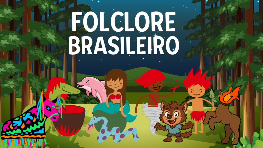 Ilustração dos personagens do folclore brasileiro reunidos em uma floresta à noite: Iara, Boto Cor-de-Rosa, Curupira, Lobisomem, Boitatá, Saci Pererê e Mula sem Cabeça