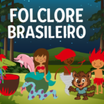 Ilustração dos personagens do folclore brasileiro reunidos em uma floresta à noite: Iara, Boto Cor-de-Rosa, Curupira, Lobisomem, Boitatá, Saci Pererê e Mula sem Cabeça