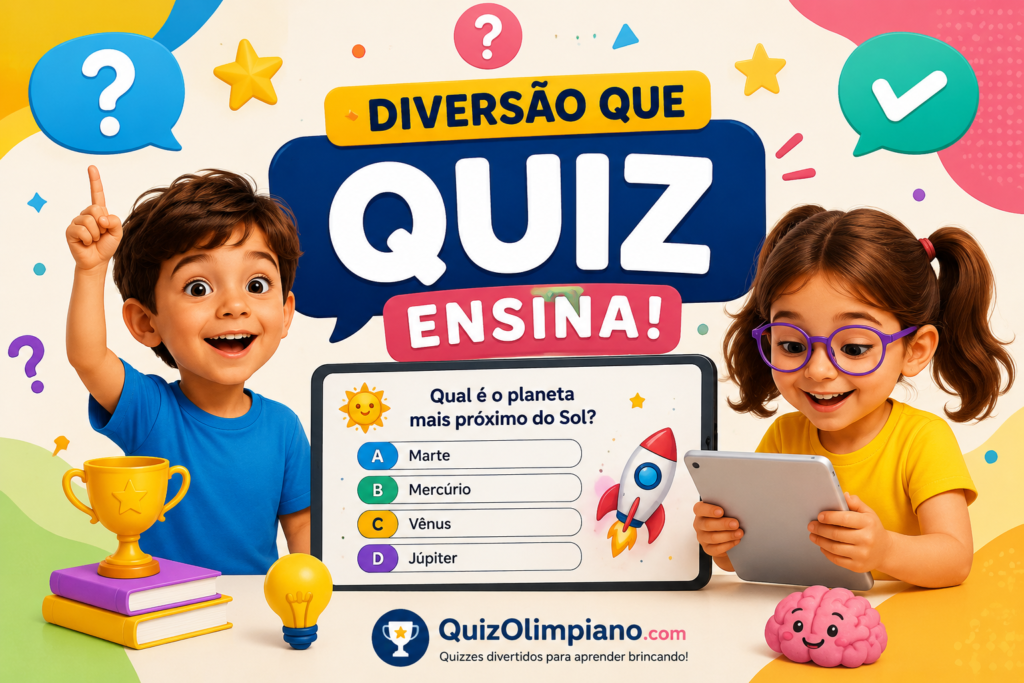 Duas crianças sorrindo brincando com quiz educativo em tablet, com troféu, foguete e cérebro fofo, ilustrando aprendizado divertido através de jogos e quizzes
