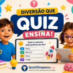 Duas crianças sorrindo brincando com quiz educativo em tablet, com troféu, foguete e cérebro fofo, ilustrando aprendizado divertido através de jogos e quizzes
