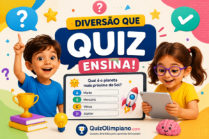 Duas crianças sorrindo brincando com quiz educativo em tablet, com troféu, foguete e cérebro fofo, ilustrando aprendizado divertido através de jogos e quizzes