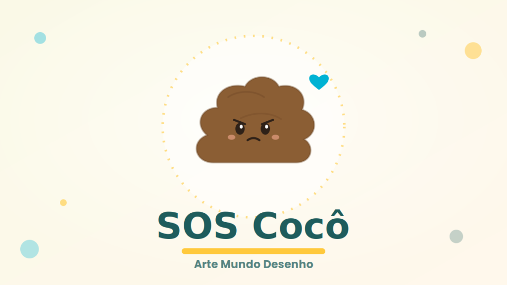 Ilustração de um cocô fofo com carinha preocupada, representando o medo de fazer cocô, com o texto SOS Cocô