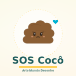 Ilustração de um cocô fofo com carinha preocupada, representando o medo de fazer cocô, com o texto SOS Cocô
