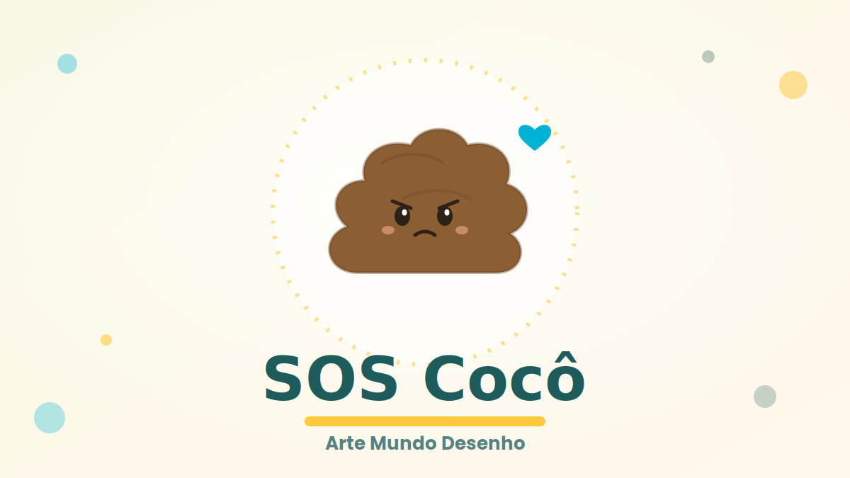 Ilustração de um cocô fofo com carinha preocupada, representando o medo de fazer cocô, com o texto SOS Cocô