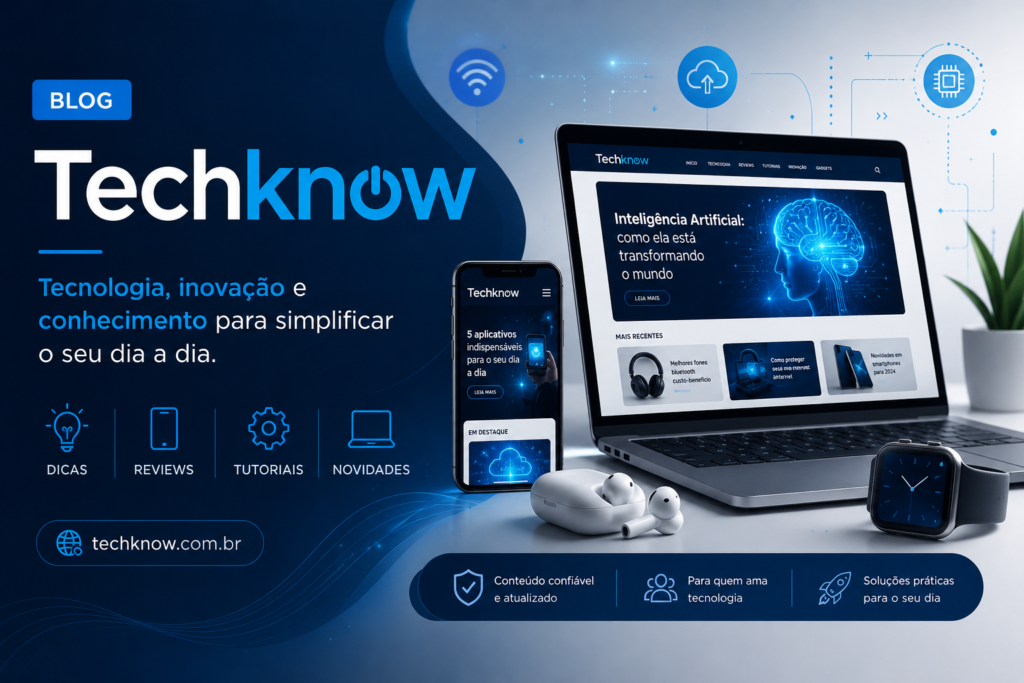 Banner do blog TechKnow com laptop, celular, smartwatch e fones sem fio, representando conteúdo sobre tecnologia, inovação e conhecimento