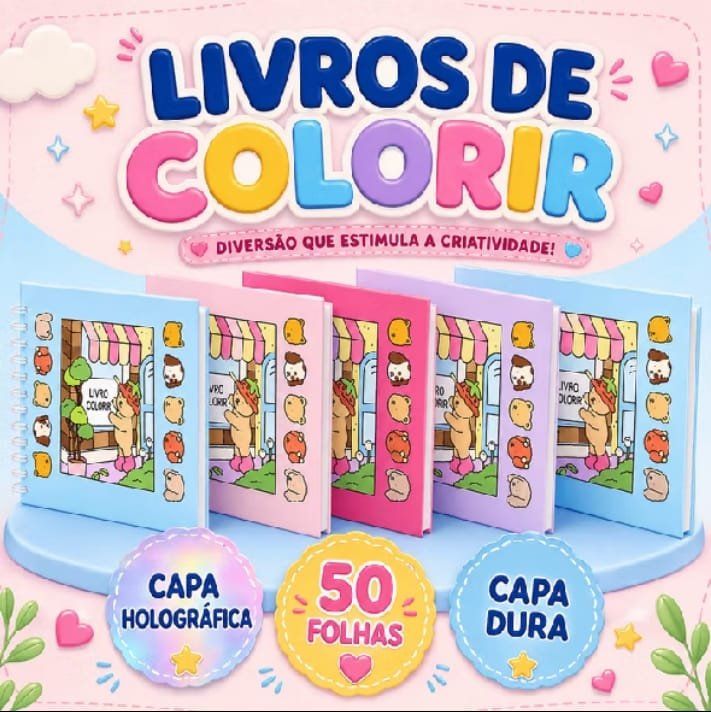 Livro de colorir infantil com capa holográfica e 50 folhas
