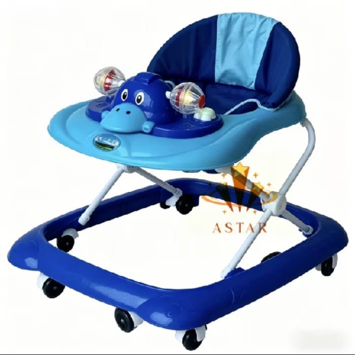 Andador de bebê azul com rodinhas e bandeja com brinquedos