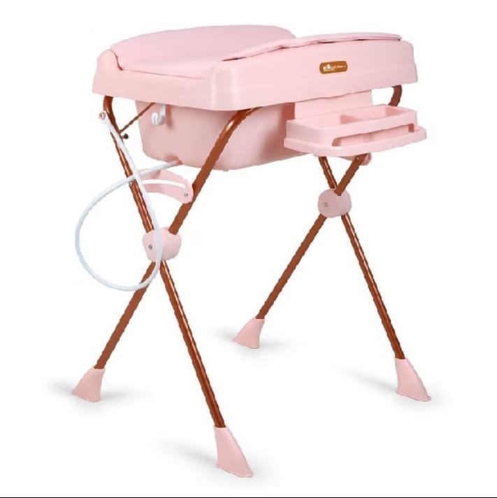 Banheira para bebê rosa com trocador acolchoado, suporte de metal, bandeja lateral e mangueira de dreno
