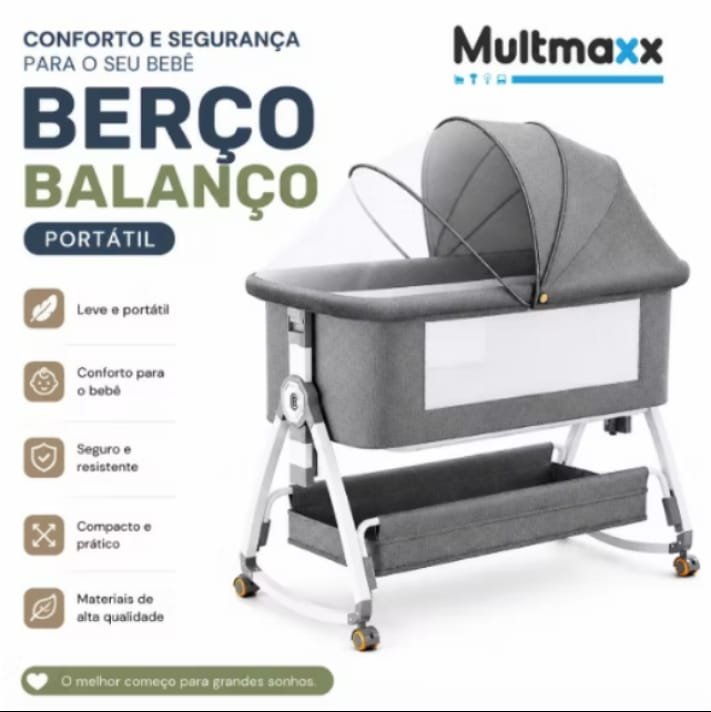 Berço balanço portátil Multmaxx cinza com capota, mosquiteiro e cesto