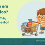 Pepê, mascote da Arte Mundo Desenho, chorando ao lado de um carrinho de supermercado cheio