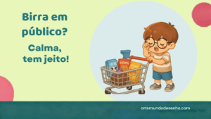Pepê, mascote da Arte Mundo Desenho, chorando ao lado de um carrinho de supermercado cheio