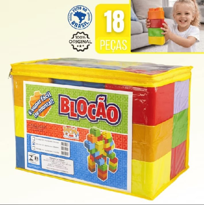Blocão com 18 blocos grandes de montar coloridos na bolsa com zíper