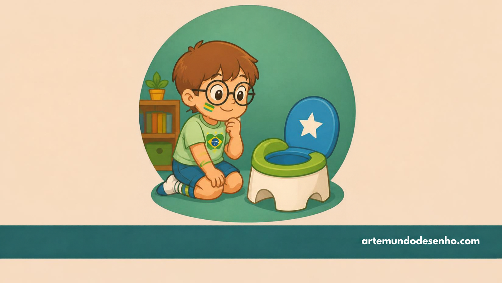 Pepê hesitante ao lado do troninho, ilustração sobre criança que só faz cocô na fralda