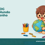 Pepê rodeado de lápis de cor com o Planeta Terra nas mãos