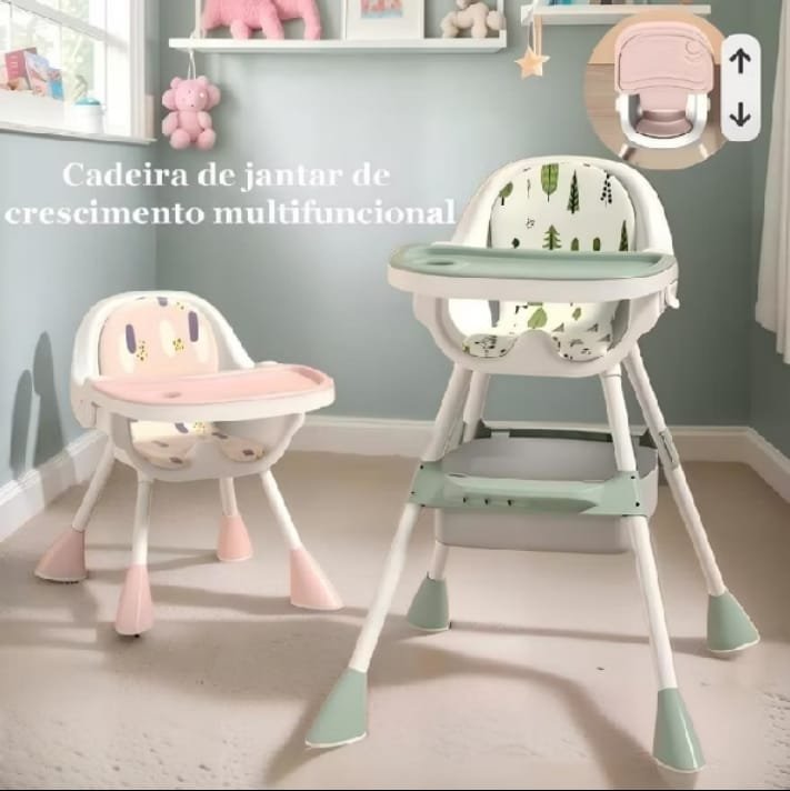 Cadeira de jantar de crescimento multifuncional com versão alta verde e versão baixa rosa
