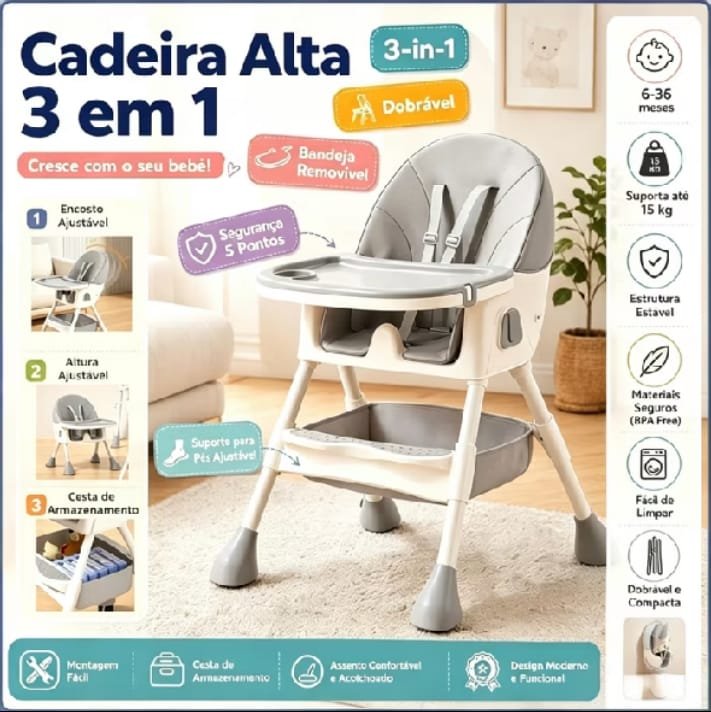 Cadeira de alimentação portátil multifuncional cinza com bandeja, cesta e altura ajustável
